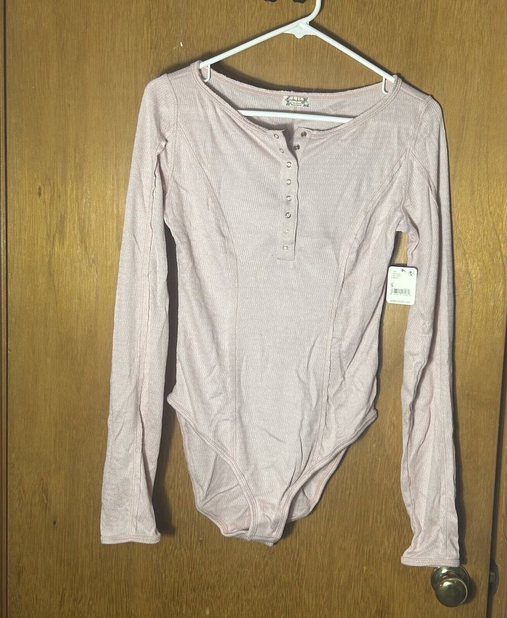 Free People Sloane Bodysuit Henley Knit Long Sleeve Pink Nectar Small NEW